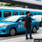 공유경제의 네트워크 효과 분석 - A vibrant urban scene showcasing diverse people using a car-sharing service around a busy train stat...