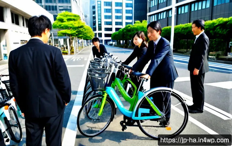 공유경제 기업의 성장 사례 - Photorealistic modern Japanese city scene showing a thriving shared bicycle service, diverse adult c...