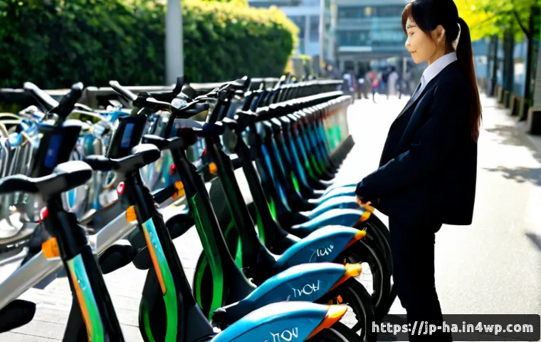 공유경제와 데이터 기반 의사결정 - Photorealistic modern Tokyo shared mobility hub at morning, a Japanese businesswoman comparing sever...